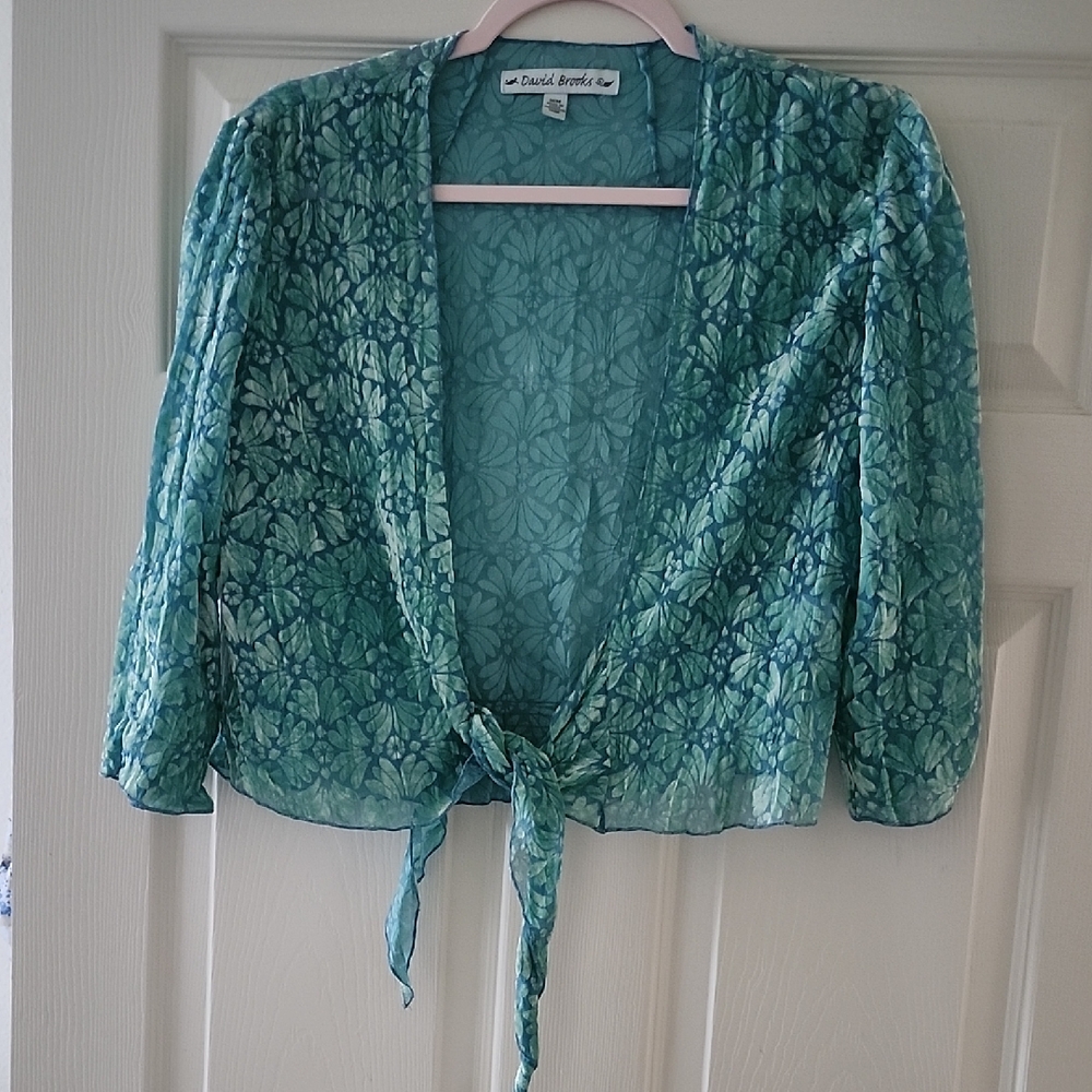 David Brooks Teal Floral Tie-Front Blouse